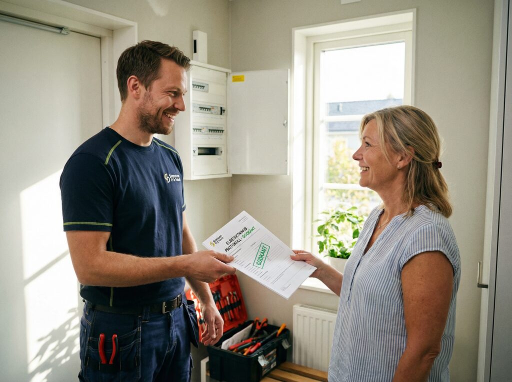 en elektriker överlämnar ett protokoll från en elbesiktning till en kund