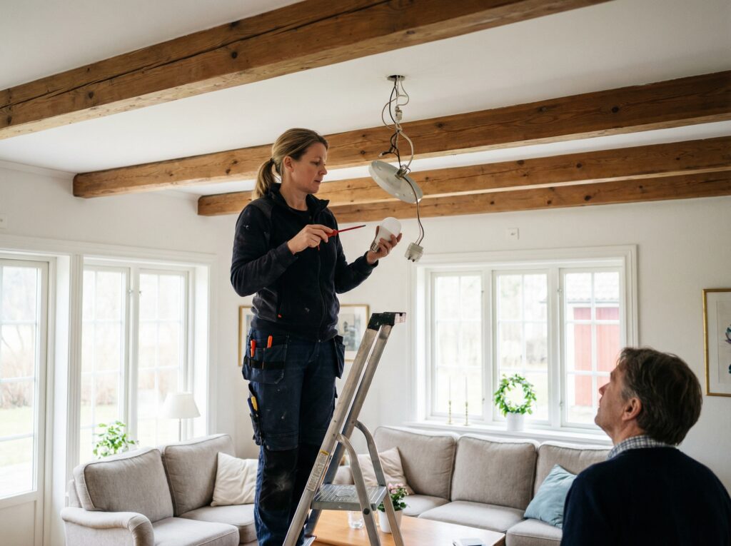 kvinnlig elektriker står på stege och byter en lampa i Lund