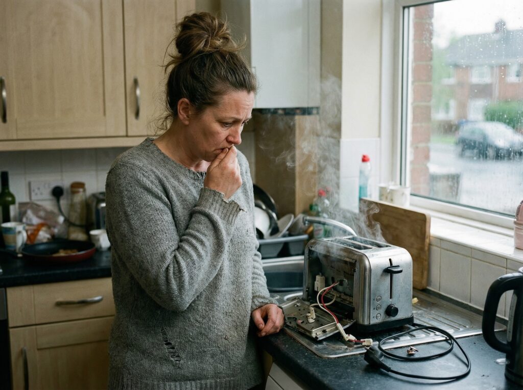 kvinna med en trasig brödrost